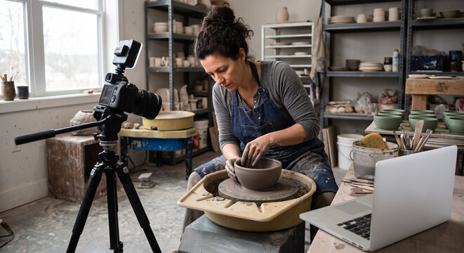 Female pottery instructor shaping clay bowl on wheel while recording online masterclass with camera and laptop. Concept of education, online course, ceramic workshop, potter wheel, clay sculpting.
