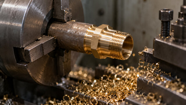 Brass Pipe Machined on Metal Lathe in Workshop with Shavings. Concept of clamped, metalworking, lathe machine, brass turning, cnc turning, turning process.