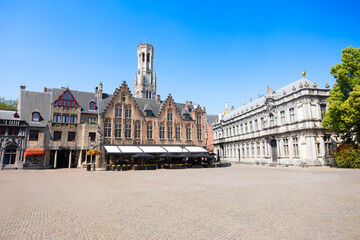 Belfort tower and Burg square in Bruges city, Netherlands
