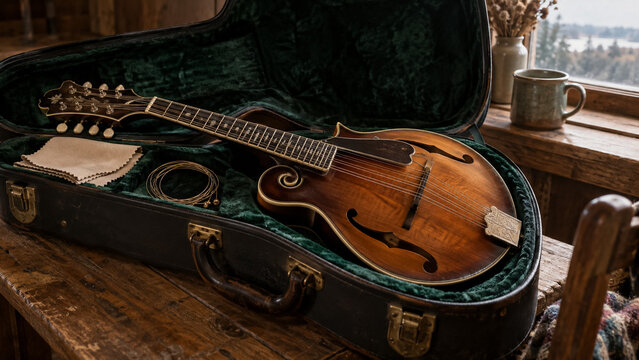 Vintage wooden mandolin resting in open velvet hard case on rustic wooden table indoors. Concept of luxury, instrument, polishing, premium, musical instrument, instrument case, string instrument.