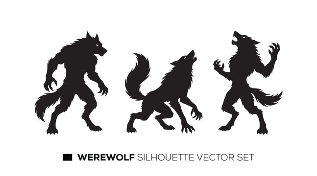 Werewolf silhouette vector set depicting black ferocious beasts for Helloween art.