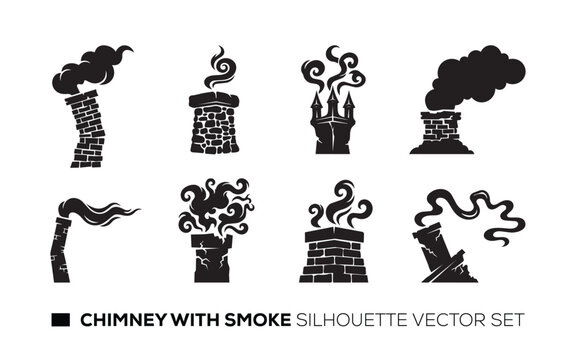 Black chimney with smoke silhouette vector set for architectural design layout.