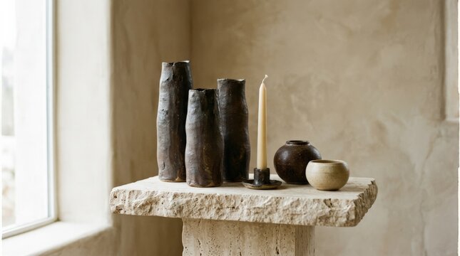 Minimal sculptural still life with tall irregular dark-brown ceramic vases, cream candle and small rounded vessels on a pale stone pedestal, soft beige interior background, warm editorial product