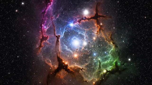 Mesmerizing nebula in vibrant colors with bright stars and cosmic dust against the blackness of space