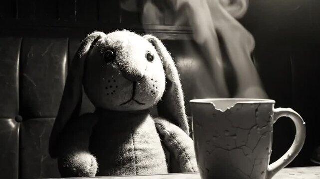 Black and White Shot of a Stuffed Bunny Sitting Beside a Cracked Mug with Steam Rising in an Atmospheric Setting
