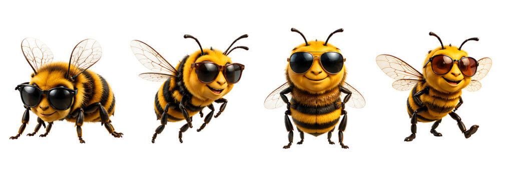 Set of cute cartoon bumblebees with friendly faces flying isolated on white