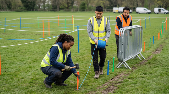 Diverse Event Staff Setting Up Queue Barriers and Guidance Lanes in Outdoor Field. Concept of zoning, corridors, event setup, crowd control, volunteers, field setup, safety vest.