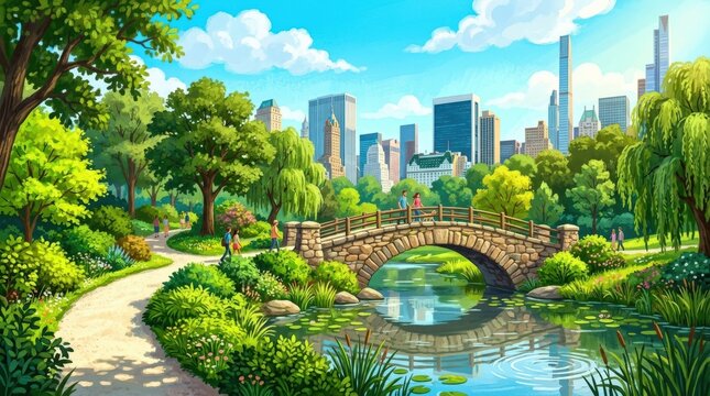 Stone arch footbridge crossing a narrow pond in a lush urban park, modern city buildings visible beyond mature trees, vibrant hand-painted digital landscape illustration, winding cream path, saturated