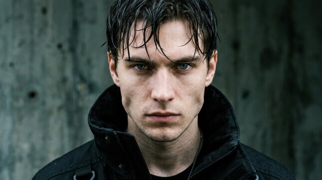 Intense close-up portrait of a young man with wet dark hair wearing a black high-collar jacket, contemporary fashion photography, cool gray-green background, pale skin, sharp blue-gray eyes, dramatic