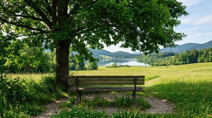 Fototapeta premium Empty wooden park bench beneath a broad leafy tree overlooking a quiet green meadow and distant lake, centered tranquil composition, deep emerald shade contrasted with sunlit grass, soft summer