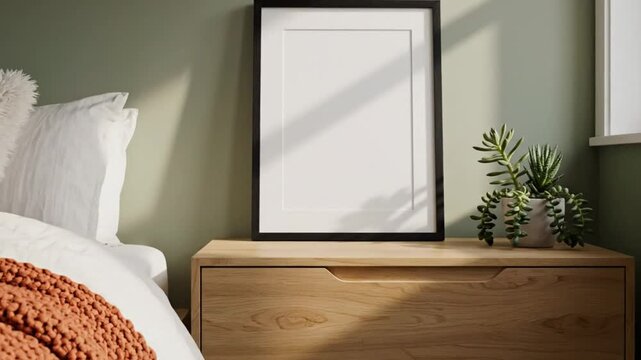 Cozy bedroom interior with a framed blank picture on a wooden nightstand, perfect for mockup use