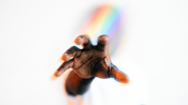 Black hand reaching toward the viewer with pronounced motion blur and a soft rainbow flare behind it, experimental conceptual photography on a white background, high-key minimalism, distorted depth,