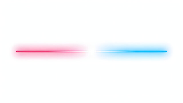 A horizontal line with a pink left side and blue right side, featuring a soft white light flare at the center point, isolated on white