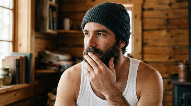 Close portrait of a bearded man wearing a charcoal beanie and white tank top, one hand raised near his mouth, warm wooden room behind him, editorial lifestyle photography, thoughtful expression, rich