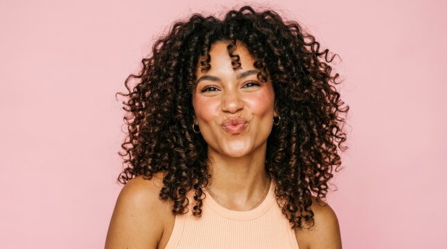 Playful curly-haired woman making a humorous puckered expression against a soft pink studio background, vibrant beauty portrait photography, warm skin tones and blush palette, crisp frontal lighting,