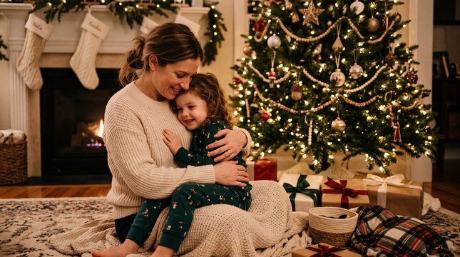 Mother and Child Embrace by Christmas Tree and Fireplace with Gifts