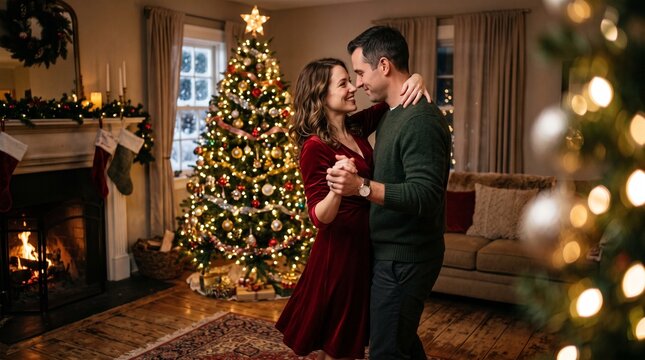 Couple dancing romantically by a decorated Christmas tree and fireplace