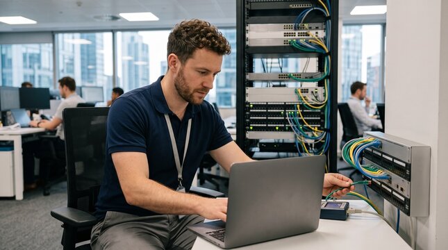 IT technician connecting network cables to server rack while working on laptop in modern office