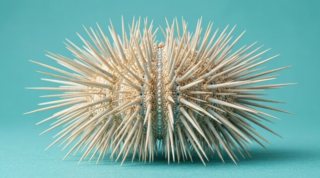 Detailed sea urchin shell with long sharp spines arranged against a solid turquoise background, macro still-life photography or hyperreal CGI, cream, tan and pale blue organic textures, crisp radial