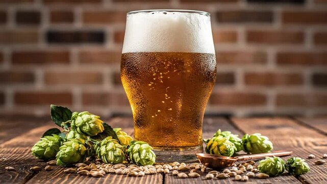 Glass of Cold Beer Poured and Foaming with Hops and Grain on a Wooden Surface in Front of a Brick Wall