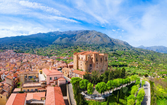 Castelbuono castle aerial panoramic view in Sicily, Italy.
