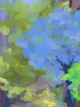Spring or Summer Sunlit Pathway in a Forest-Impressionistic Digital Landscape, Painting, Art, Illustration in Lavender, Green, Yellow & Blue