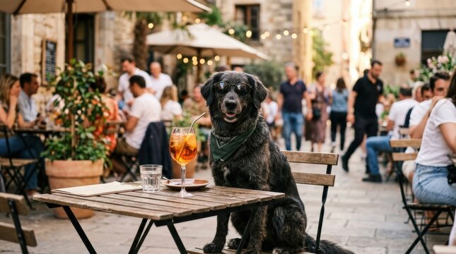 Black dog wearing dark sunglasses seated at a caf&eacute; terrace with people softly blurred behind, playful pet portrait photography, charcoal fur, green accessory and warm amber drinks, natural afternoon