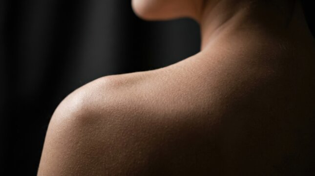 Abstract close-up of bare human skin and body contours fading into darkness, sensual minimalist photography, charcoal black and warm peach palette, extremely shallow depth of field, soft blurred