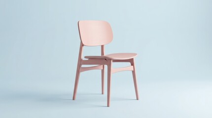 Fototapeta premium Pink wooden chair isolated in a softly lit pastel studio, minimalist 3D product render, blush-pink seat and legs, pale blue floor and background, subtle realistic shadows, contemporary furniture