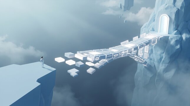 A small person standing on a cliff edge looking at a futuristic floating bridge leading to a mountain portal
