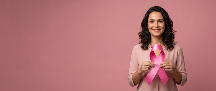 Mulher brasileira sorridente segurando um grande la&ccedil;o rosa. Banner panor&acirc;mico de conscientiza&ccedil;&atilde;o do c&acirc;ncer de mama (Outubro Rosa) com amplo espa&ccedil;o para texto
