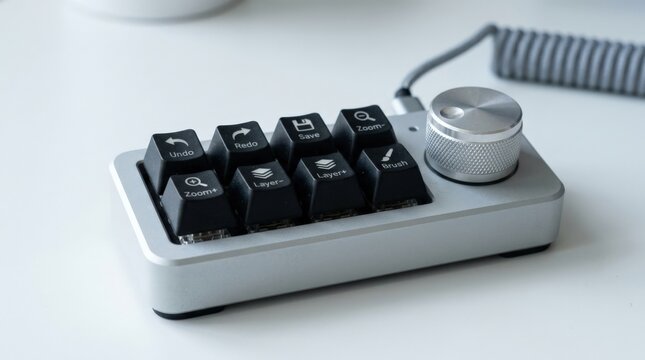 Compact macro keypad with chunky black square keys and a large brushed-silver rotary encoder, pale gray frame, cool white background, close-up perspective, crisp matte textures, clean shadows, premium