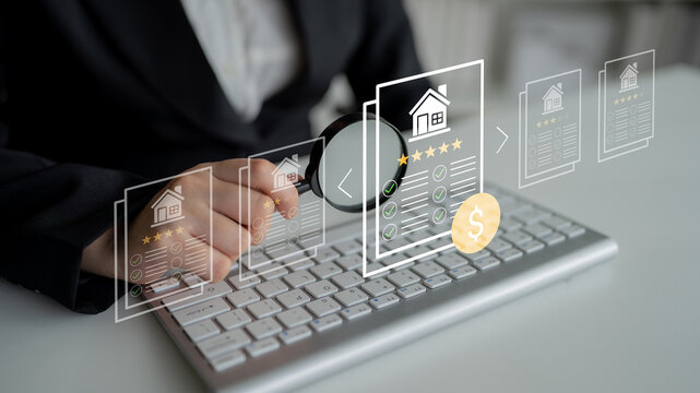 A business professional uses a magnifying glass to analyze property documents on a digital screen, showcasing innovative approaches in real estate investment and market strategy. Ledger