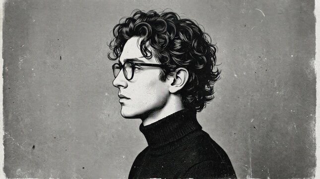 Young man in black turtleneck and glasses shown in side profile against a grainy gray background, monochrome editorial portrait illustration, curly dark hair, intellectual fashion aesthetic, soft