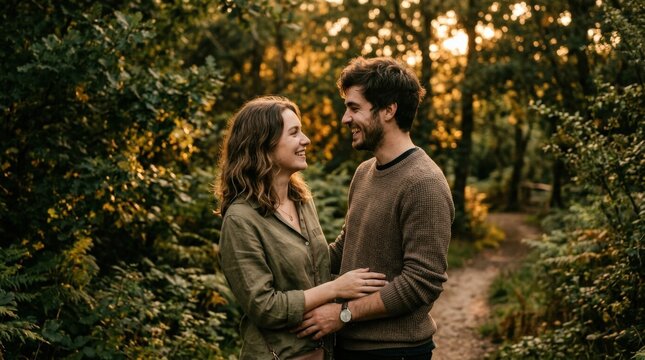 Young couple standing face to face in warm evening light, cinematic lifestyle photography, deep green foliage and amber background, intimate conversation, soft grain, subdued brown and olive palette,