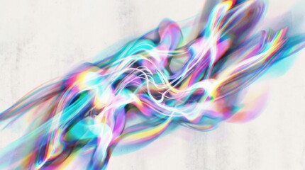 Fototapeta premium Psychedelic abstract form blurred by motion and chromatic distortion, luminous cyan, magenta, yellow, violet and white flowing together on a pale background, experimental digital art with ghosted