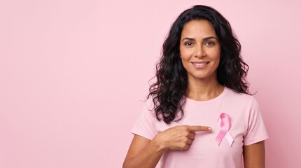 Fototapeta na wymiar Mulher brasileira sorridente apontando para o laço rosa na camiseta. Conceito de Outubro Rosa e conscientização sobre o câncer de mama, com espaço para texto.