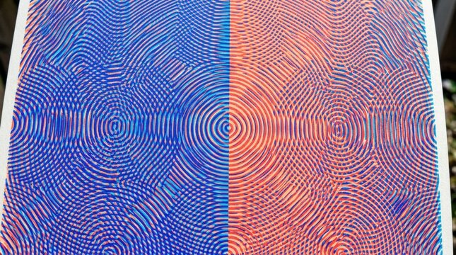 Blue-and-orange moir&eacute; pattern split into two vibrating fields of densely repeated wavy lines, optical-art graphic design, electric cobalt, cyan, coral and peach palette, high-energy visual