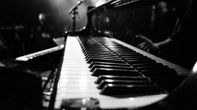 Black-and-white piano keyboard viewed from a dramatic low diagonal angle, high-contrast music photography, glossy keys forming strong converging lines, deep shadows, monochrome palette, abstract
