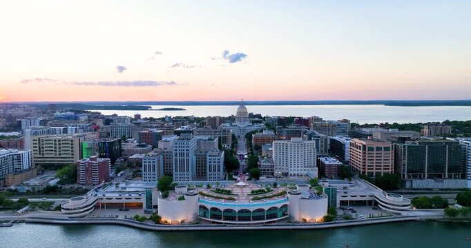 Aerial Drone View of Madison Wisconsin Isthmus, State Capitol, Lake Mendota and Lake Monona