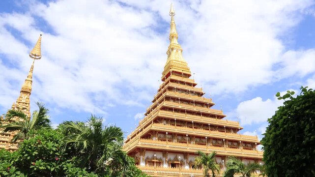 Scenic video views of sculptures set against beautiful skies at Wat Phra That Nong Waeg and Wat Thung Setthi in Khon Kaen, Thailand.
