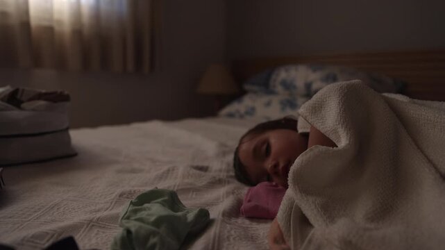 Sick young girl in bed during the day while fly buzzes around room - wide shot