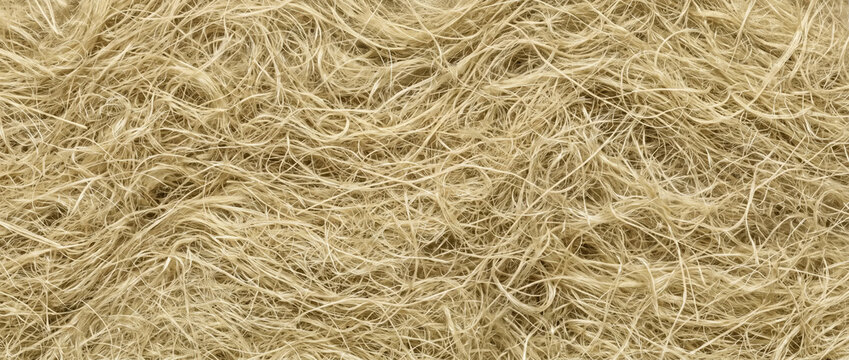 Textured beige insulation fibers in close up. Tangled straw color mineral wool background. Thermal building material details