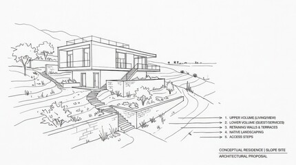 Obraz premium Minimal architectural sketch of a modern two-volume house on a sloping site, fine black ink lines, sparse shrubs and retaining walls, white background, clean hand-drawn perspective, residential real