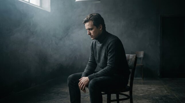 Person seated alone in a dark smoky room, moody conceptual portrait photography, black clothing blending into charcoal shadows, soft diffused beam of gray light, minimalist composition, mysterious