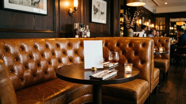Tufted caramel-brown leather booth surrounding a small table with a blank white card or menu mockup, upscale restaurant interior photography, cognac, dark brown and ivory palette, warm ambient light,
