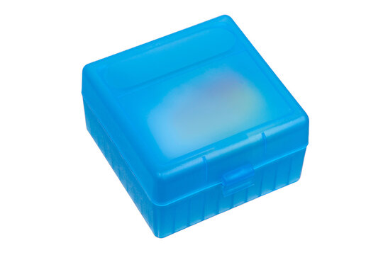 Closed blue plastic ammunition storage box isolated on white back