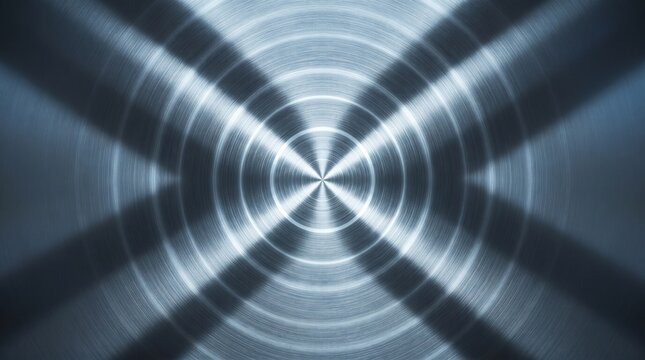 Abstract circular metal texture with radial light streaks and glowing rings creating a modern futuristic design
