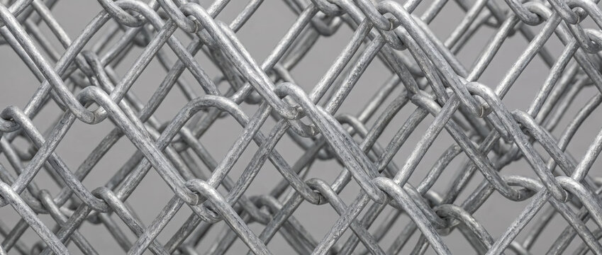 Close-up of a galvanized steel chain link fence. Metallic wire mesh texture. Security and industrial boundary concept