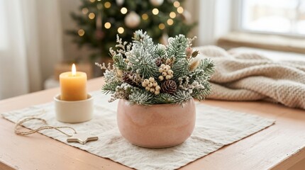 Fototapeta premium Round blush ceramic planter with a miniature evergreen arrangement, cozy minimalist holiday still life, soft peach and pale cream surface, small frosted foliage emerging from the pot, clean studio